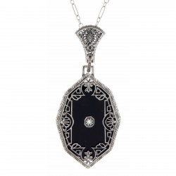 Antique Victorian Style Black Onyx Filigree Diamond Pendant - Sterling Silver