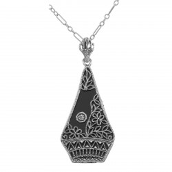 Art Deco Style Black Onyx Filigree Pendant w/ Diamond - Sterling Silver