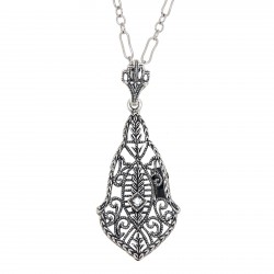 Art Deco Style Filigree Pendant w/ genuine diamond gemstone - Sterling Silver