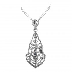 Art Deco Style Filigree Pendant w/ Blue Sapphire gemstone - Sterling Silver