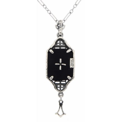 Art Deco Style Black Onyx Dangle Filigree Diamond Pendant Sterling Silver - FP-582-O