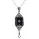 Art Deco Style Black Onyx Dangle Filigree Diamond Pendant Sterling Silver - FP-582-O