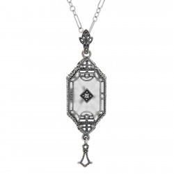 Art Deco Style Sunray Crystal Dangle Filigree Diamond Pendant Sterling Silver