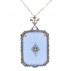 Filigree Pendant w/ blue pressed glass crystal with diamond Sterling Silver