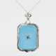 Vintage Style Filigree Pendant w/ turquoise colored pressed glass crystal diamond center- Sterling Silver - FP-583-T