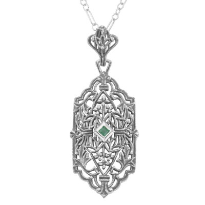 Art Deco Style Filigree Emerald Pendant - Sterling Silver - FP-59-E