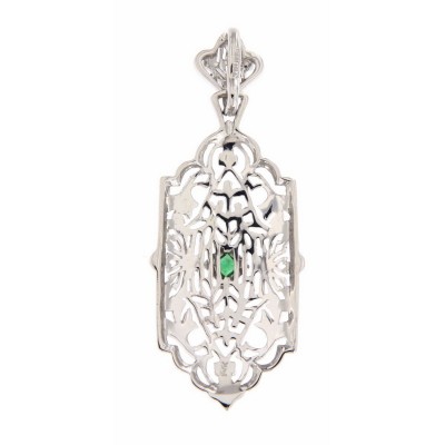 Art Deco Style Filigree Emerald Pendant - 14kt White Gold - FP-59-E-WG