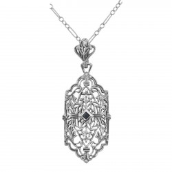 Art Deco Style Filigree Pendant w/ Blue Sapphire - Sterling Silver