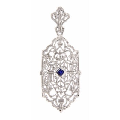 Art Deco Style Filigree Pendant w/ Blue Sapphire - 14kt White Gold - FP-59-S-WG