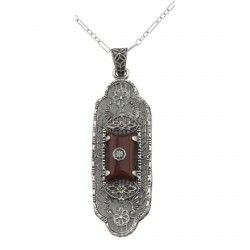 Beautiful Red Carnelian Filigree Pendant w/ Diamond - Sterling Silver
