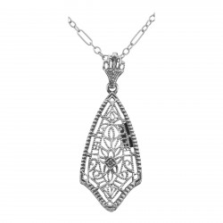 Art Deco Style Filigree Pendant w/ Diamond - Sterling Silver