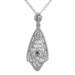 Art Deco Style Filigree Pendant w/ Blue Sapphire - Sterling Silver