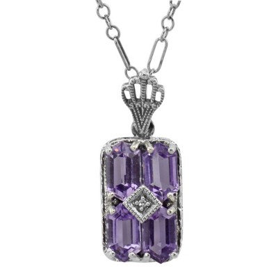Art Deco Amethyst Filigree Diamond Pendant / 18 Chain Sterling Silver - FP-65-AM