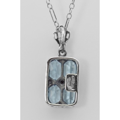 Art Deco Blue Topaz Filigree Diamond Pendant 18 Chain Sterling Silver - FP-65-BT