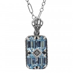 Art Deco Blue Topaz Filigree Diamond Pendant 18 Chain Sterling Silver
