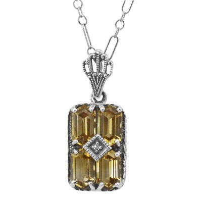 Art Deco Citrine Filigree Diamond Pendant w/ 18 Chain Sterling Silver - FP-65-C