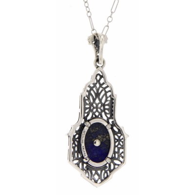 Art Deco Style Blue Lapis Diamond Pendant with Chain - Sterling Silver - FP-654-L