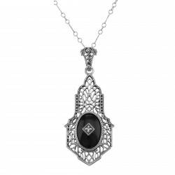 Art Deco Style Black Onyx Diamond Pendant with Chain - Sterling Silver