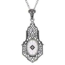 Sunray Camphor Glass Filigree Pendant w/ Diamond - Sterling Silver