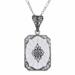 Frosted Crystal Camphor Glass Filigree Diamond Pendant Sterling Silver