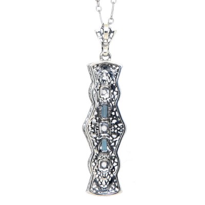 Art Deco Style London Blue Topaz and White Topaz Pendant - Sterling Silver with Chain - FP-924-LBT