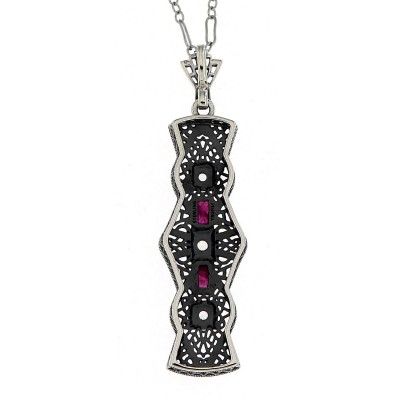 Art Deco Style Ruby and White Topaz Pendant - Sterling Silver with Chain - FP-924-R