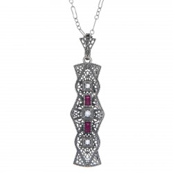 Art Deco Style Ruby and White Topaz Pendant - Sterling Silver with Chain