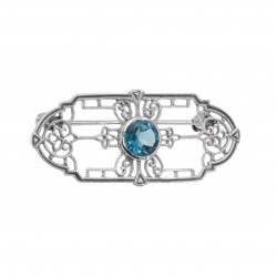 Art Deco Style Genuine London Blue Topaz Filigree Pin / Brooch - Sterling Silver