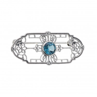 Art Deco Style Genuine London Blue Topaz Filigree Pin / Brooch - Sterling Silver - FPN-173-LBT