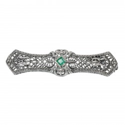 Art Deco Style Natural Emerald Filigree Bar Pin / Brooch - Sterling Silver Art Deco Style Natural Emerald Filigree Bar Pin / Brooch - Sterling Silver