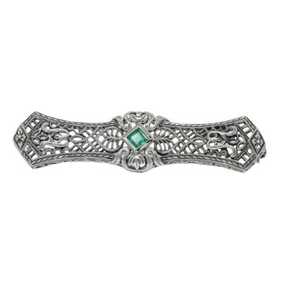 Art Deco Style Natural Emerald Filigree Bar Pin / Brooch - Sterling Silver - FPN-117-E