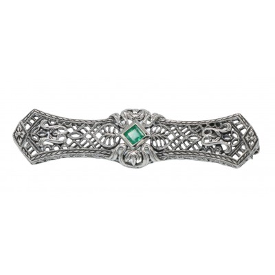 Art Deco Style Natural Emerald Filigree Bar Pin / Brooch - Sterling Silver