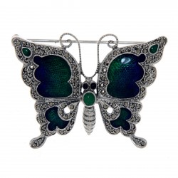 Antique Style Fine Enamel and Marcasite Butterfly Pin - Sterling Silver