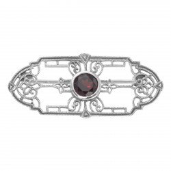 Art Deco Style Genuine Garnet Filigree Pin / Brooch - Sterling Silver