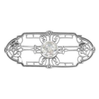 Art Deco Style Genuine White Topaz Filigree Pin / Brooch - Sterling Silver - FPN-173-WT