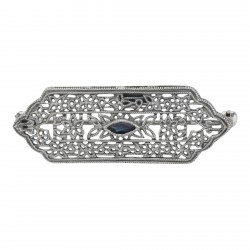 Art Deco Style Filigree Blue Sapphire Pin / Brooch - Sterling Silver