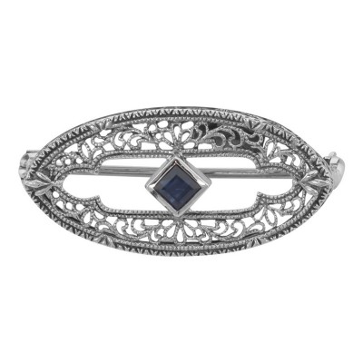 Antique Style Filigree Blue Sapphire Pin / Brooch - Sterling Silver - FPN-186-S