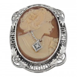 Victorian Floral Style Cameo Pin or Pendant with Diamond - Sterling Silver