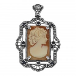 Lovely Italian Shell Cameo Pin or Pendant with Blue Sapphires - Sterling Silver