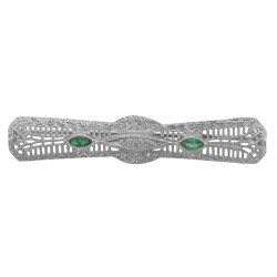 Art Deco Style Emerald and Diamond Pin Brooch in Fine Sterling Silver