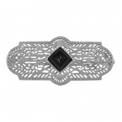 Art Deco Style Black Onyx and Diamond Pin / Brooch - Sterling Silver