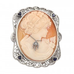 Large Italian Handcarved Cameo Pin Pendant w/ Sterling Silver Filigree Frame