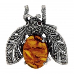 Antique Style Amber Garnet and Marcasite BumbleBee Pin - Sterling Silver
