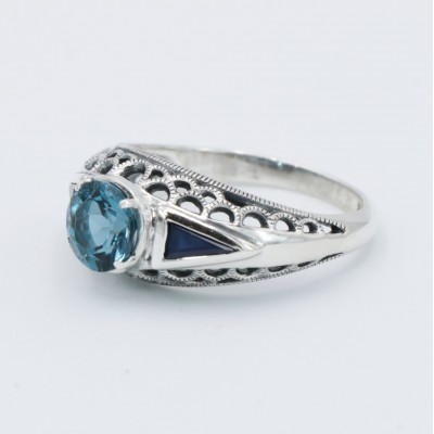 Art Deco Filigree London Blue Topaz Ring with Natural Sapphire Accents Sterling Silver - FR-118-LBT