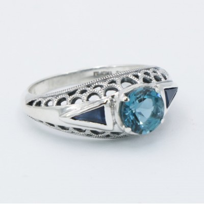 Art Deco Style Filigree London Blue Topaz and Sapphire Accents 14kt White Gold - FR-118-LBT-WG
