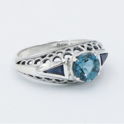 Art Deco Filigree London Blue Topaz Ring with Natural Sapphire Accents Sterling Silver - FR-118-LBT