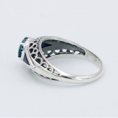 Art Deco Filigree London Blue Topaz Ring with Natural Sapphire Accents Sterling Silver - FR-118-LBT