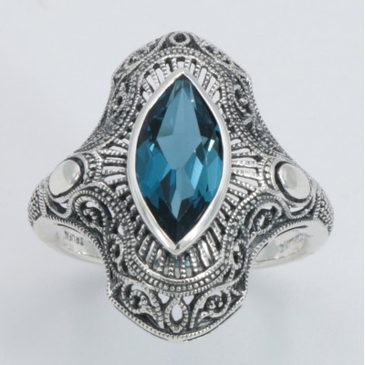 Victorian Style 1.5 Carat London Blue Topaz Filigree Ring - Sterling Silver - FR-125-LBT Victorian Style 1.5 Carat London Blue Topaz Filigree Ring - Sterling Silver - FR-125-LBT