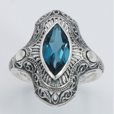 Victorian Style 1.5 Carat London Blue Topaz Filigree Ring - Sterling Silver - FR-125-LBT