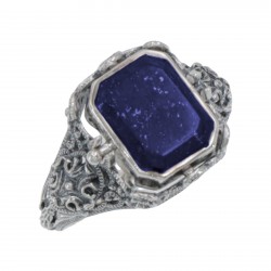 Vintage Inspired Black Onyx and Lapis Filigree Flip Ring - Sterling Silver